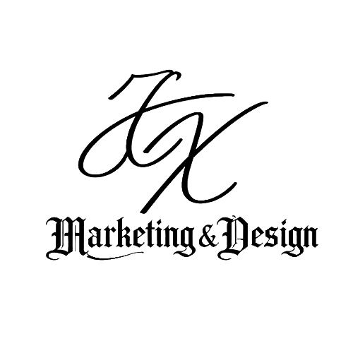 Stylized logo with initials 'JX' and the words 'Marketing & Design' in cursive and gothic fonts.