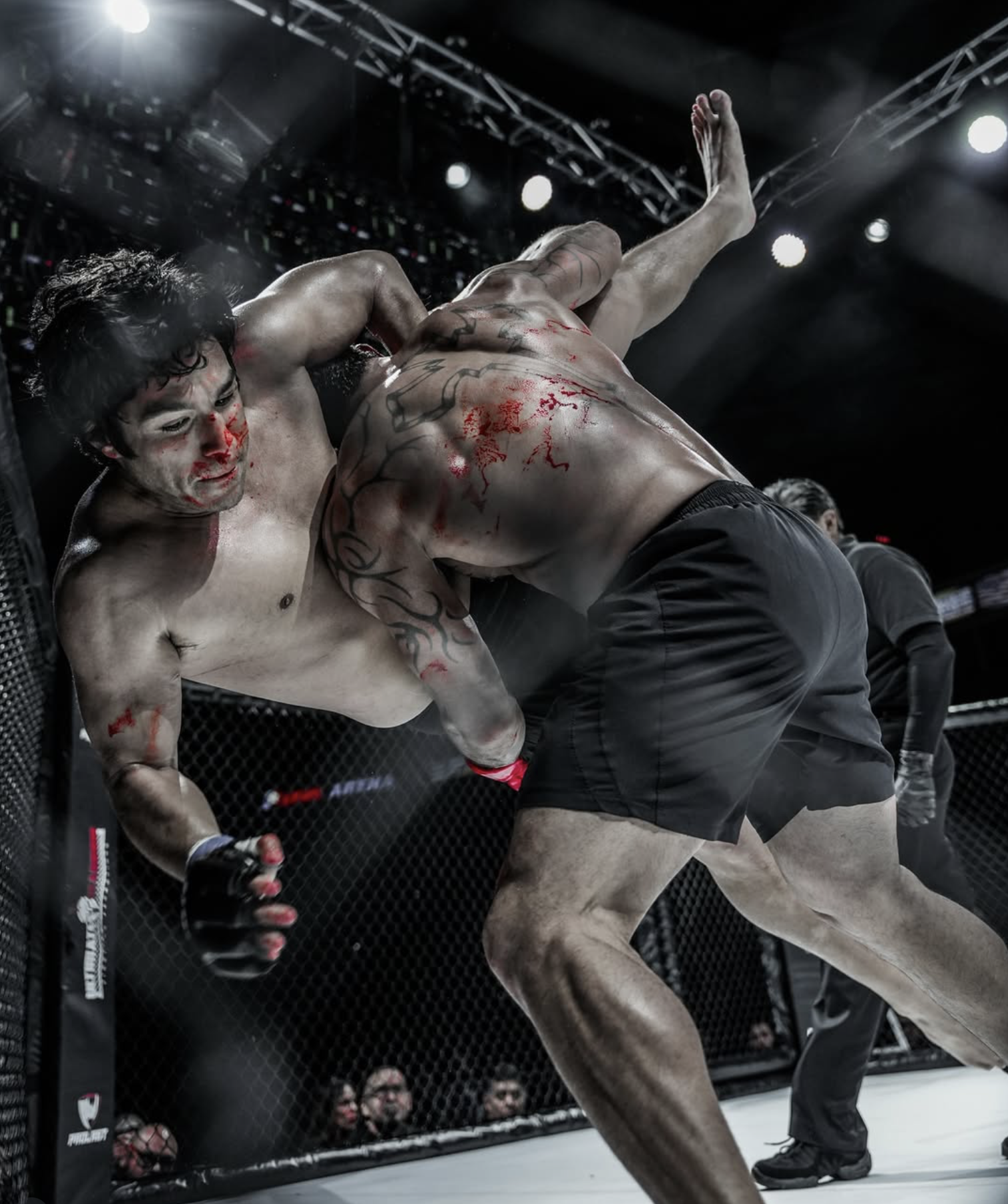 Two mixed martial arts fighters in a cage, one delivering a punch to the other's side, blood on faces and bodies, referee observing, spectators watching in the background.