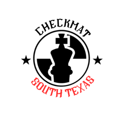Logo for Checkmat South Texas featuring a black king chess piece with a cross on top, surrounded by a circle with the text 'Checkmat' at the top and 'South Texas' at the bottom, and two stars on either side.