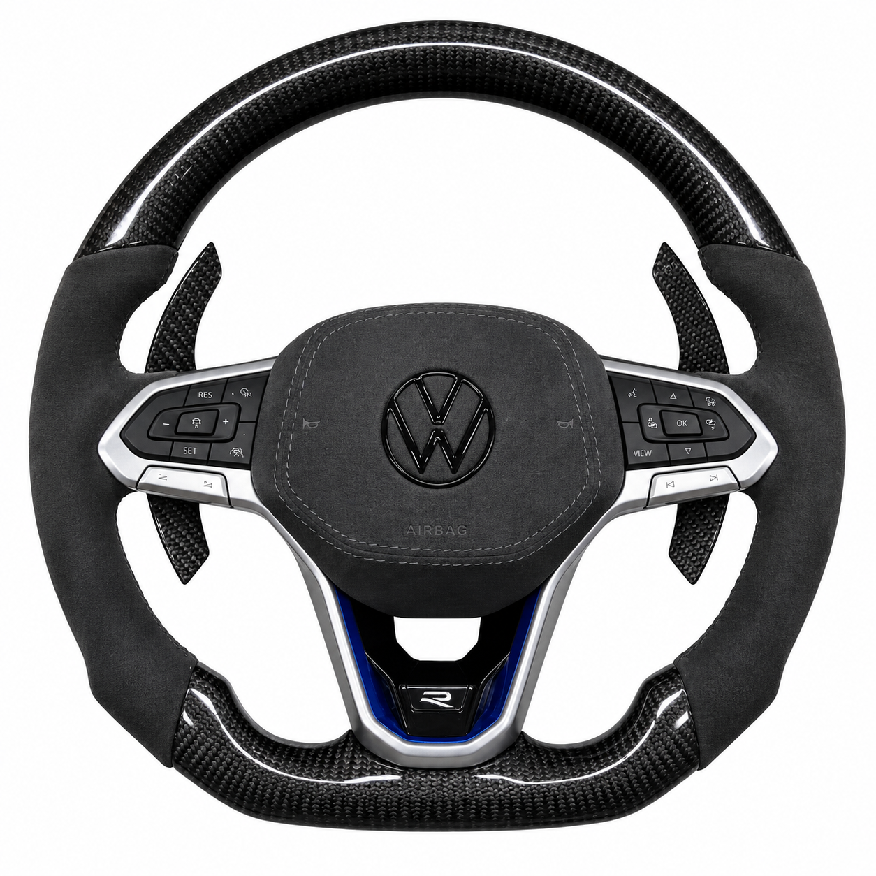 Volkswagen steering wheel with controls and carbon fiber accents.