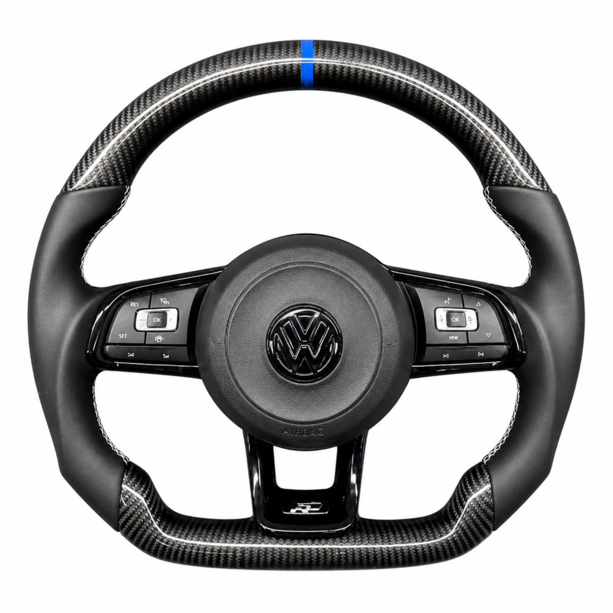 Car steering wheel with carbon fiber accents and Volkswagen logo in the center.