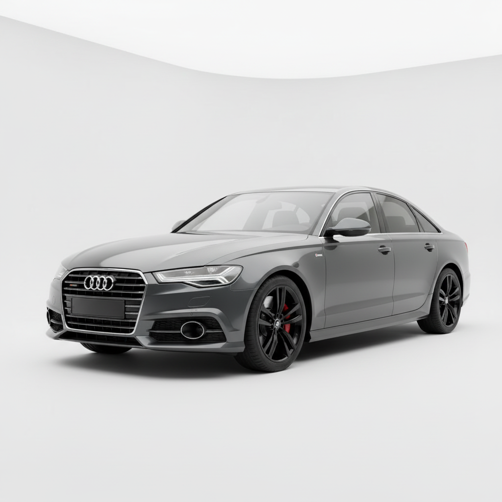 Gray Audi sedan with black rims and red brake calipers on a plain white background.