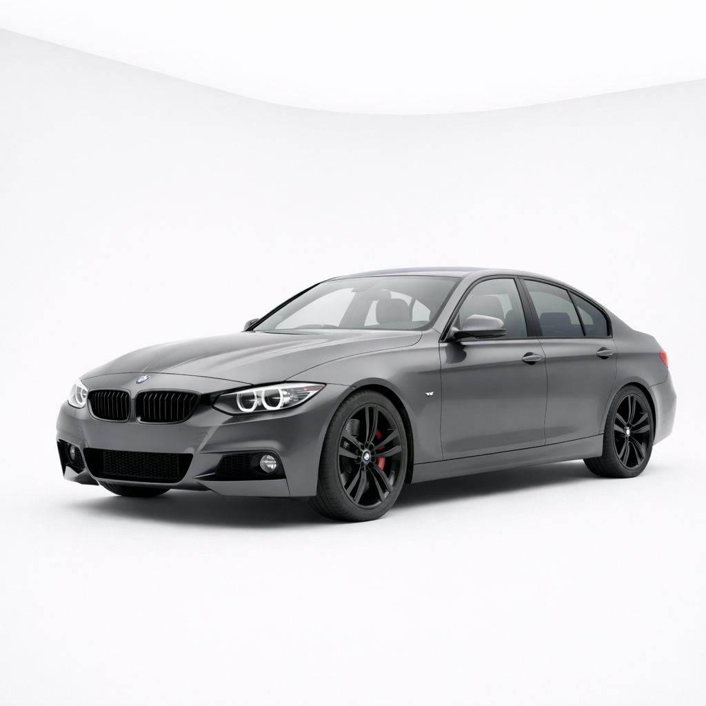 Gray BMW sedan in a studio with a white background.