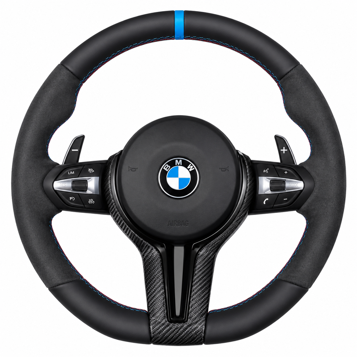 BMW M-Sport Alcantara Steering Wheel — Blue Accent with Paddle Shifts (Style 4)