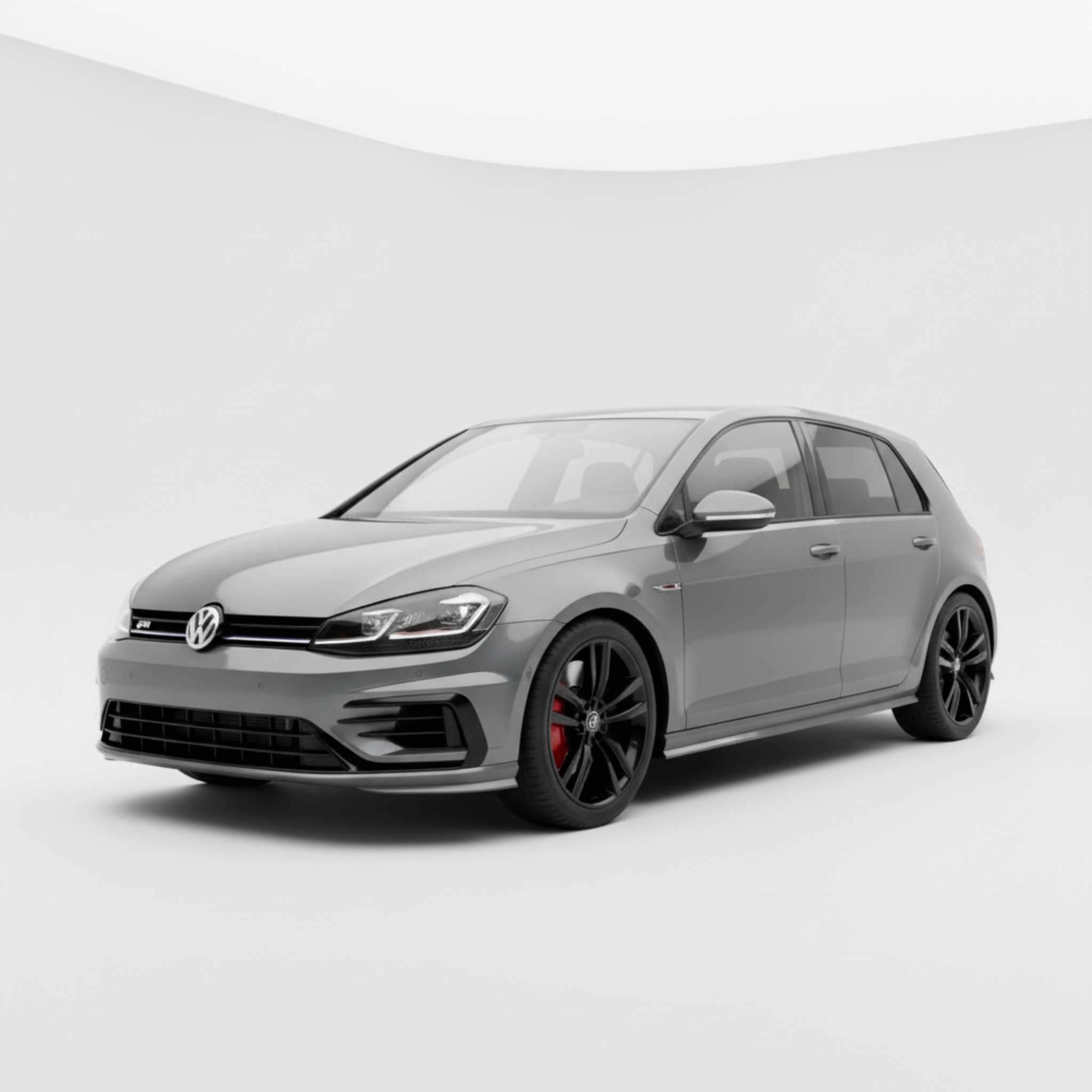 A silver Volkswagen sedan is visible in a studio setting with a plain white background.