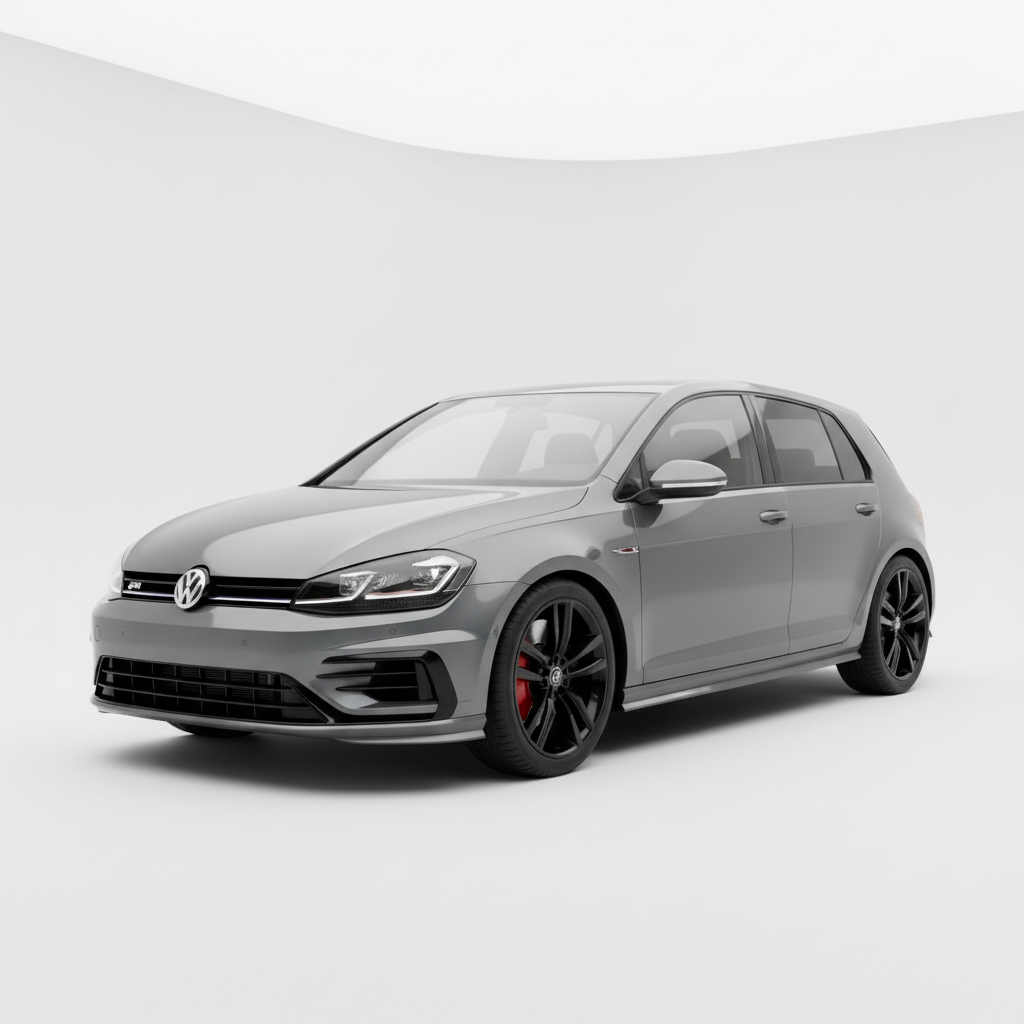 Gray Volkswagen hatchback with black wheels and red brake calipers, in a white studio