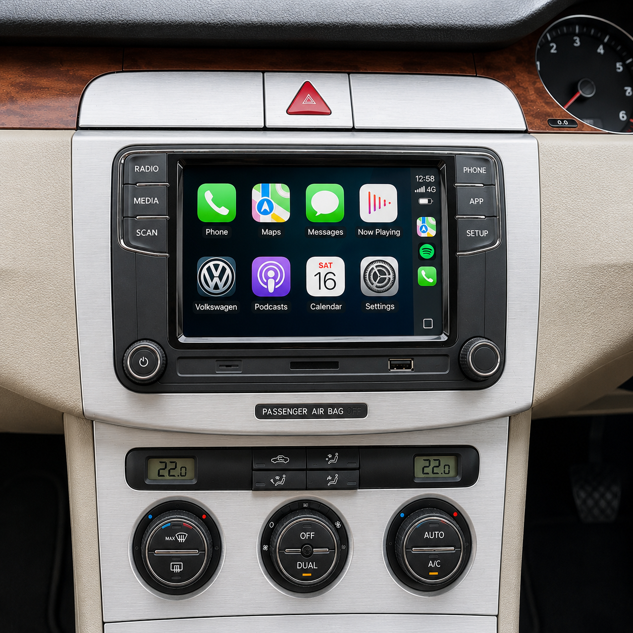 Center console of a Volkswagen vehicle with an infotainment system displaying Apple CarPlay interface, climate controls, and a digital clock.