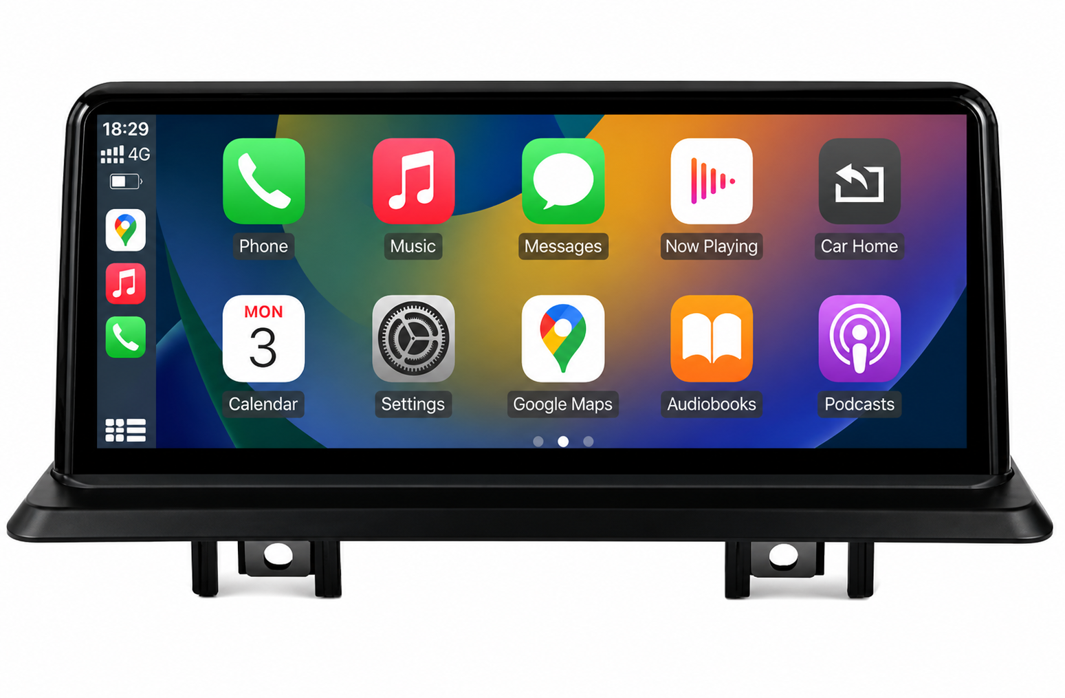 A smart display showing various app icons including Phone, Music, Messages, Now Playing, Car Home, Calendar, Settings, Google Maps, Audiobooks, and Podcasts, with a digital clock on the top left.