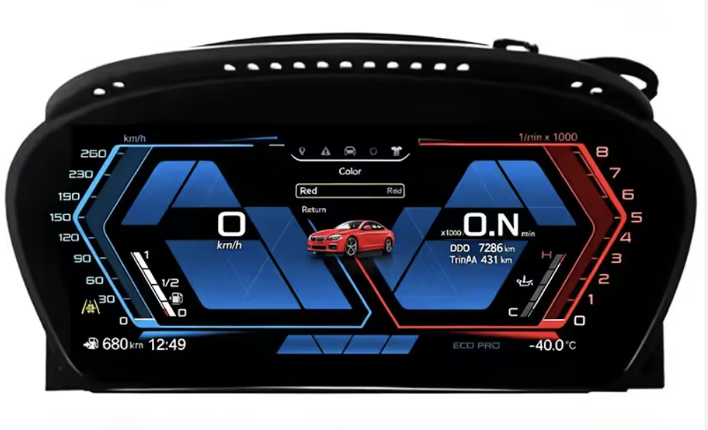 Digital car dashboard display showing speed as 0 km/h, fuel level, odometer reading 7286 km, outside temperature -40°C, and a red sports car graphic.
