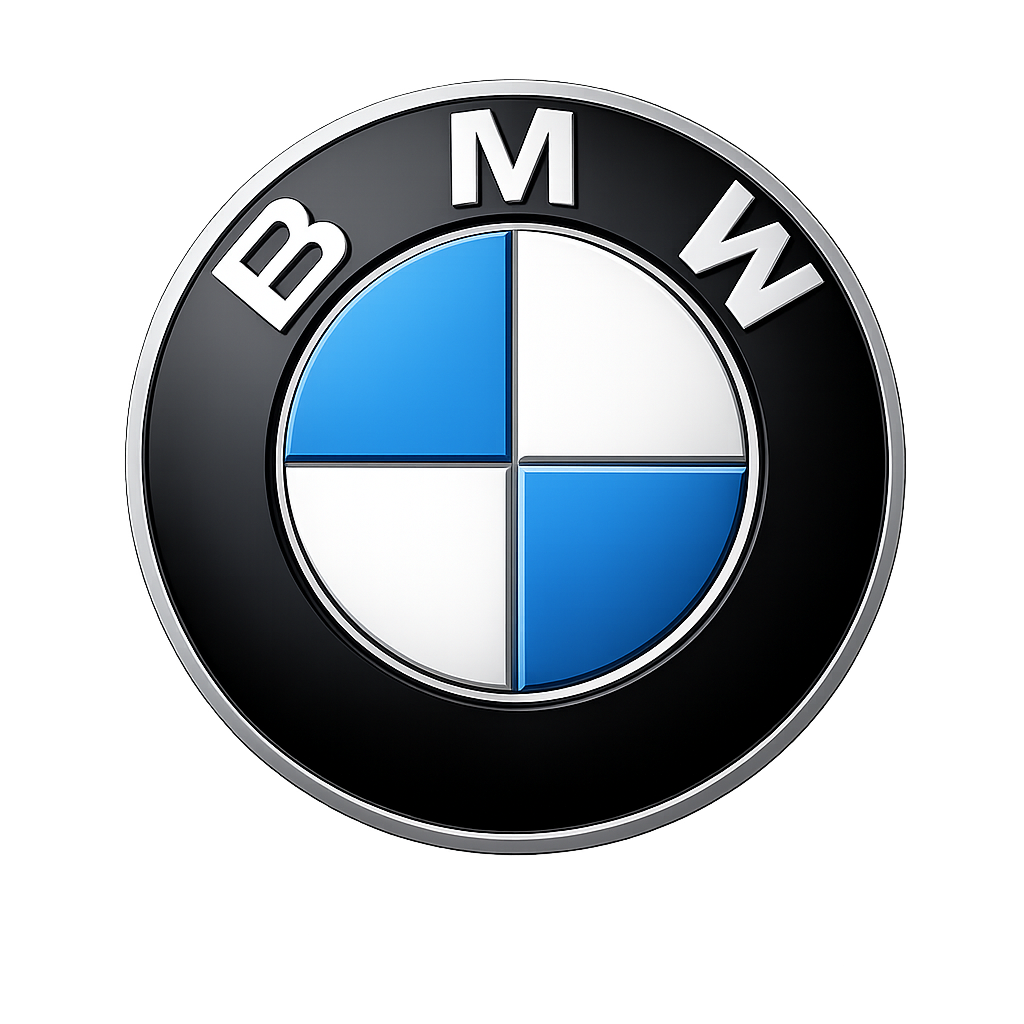 BMW logo featuring a black outer circle with white letters and a blue and white checkered circle inside.