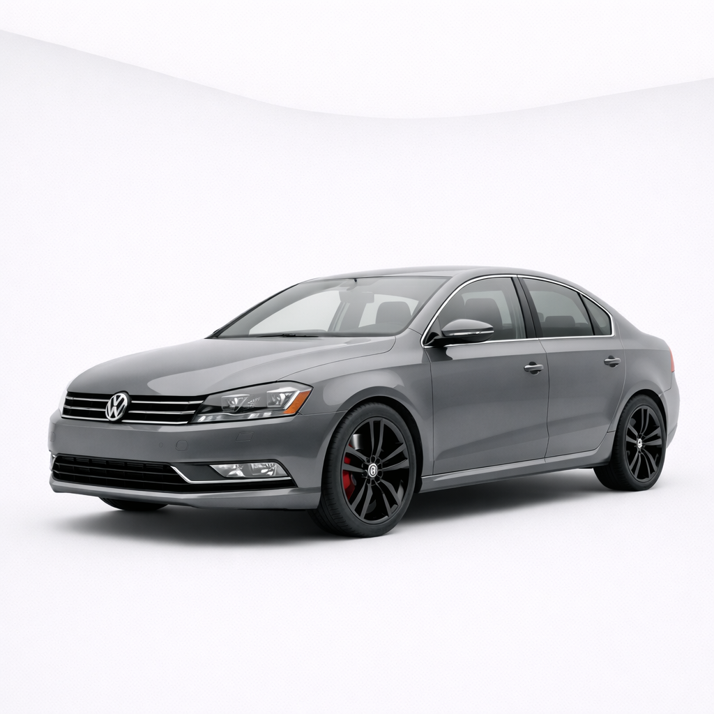 Gray Volkswagen sedan with black wheels parked on white background.