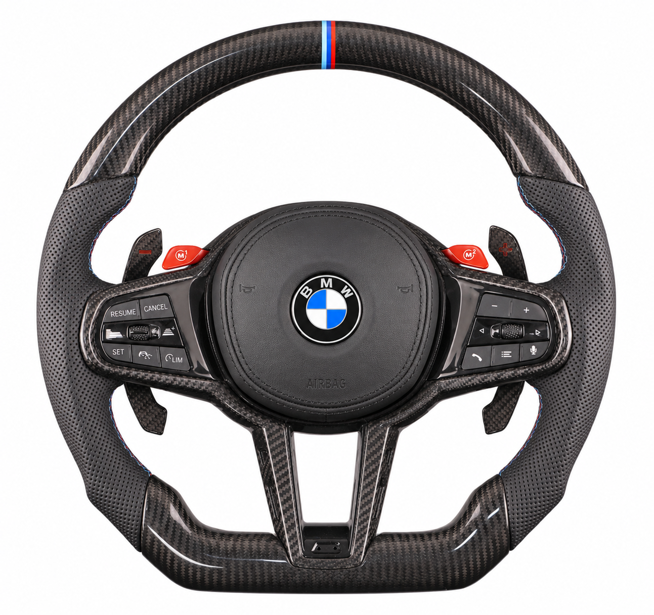 BMW racing car steering wheel with carbon fiber finish, control buttons, and BMW logo in the center.
