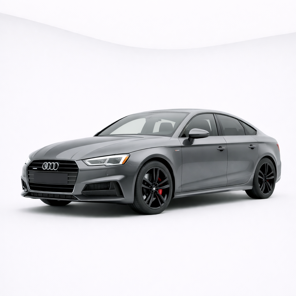Gray Audi sedan car in a studio setting with a plain white background.