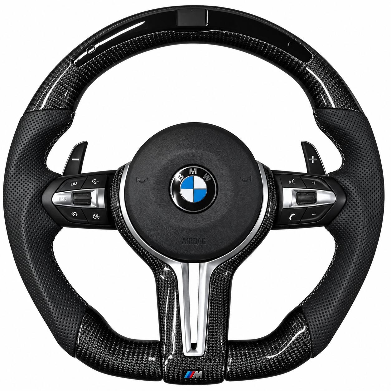 BMW M steering wheel with carbon fiber accents, black leather grip, and control buttons, featuring the BMW logo at center.