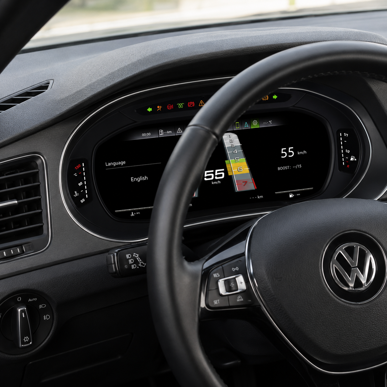 Volkswagen car dashboard displaying digital speedometer at 55 km/h, with navigation and warning lights