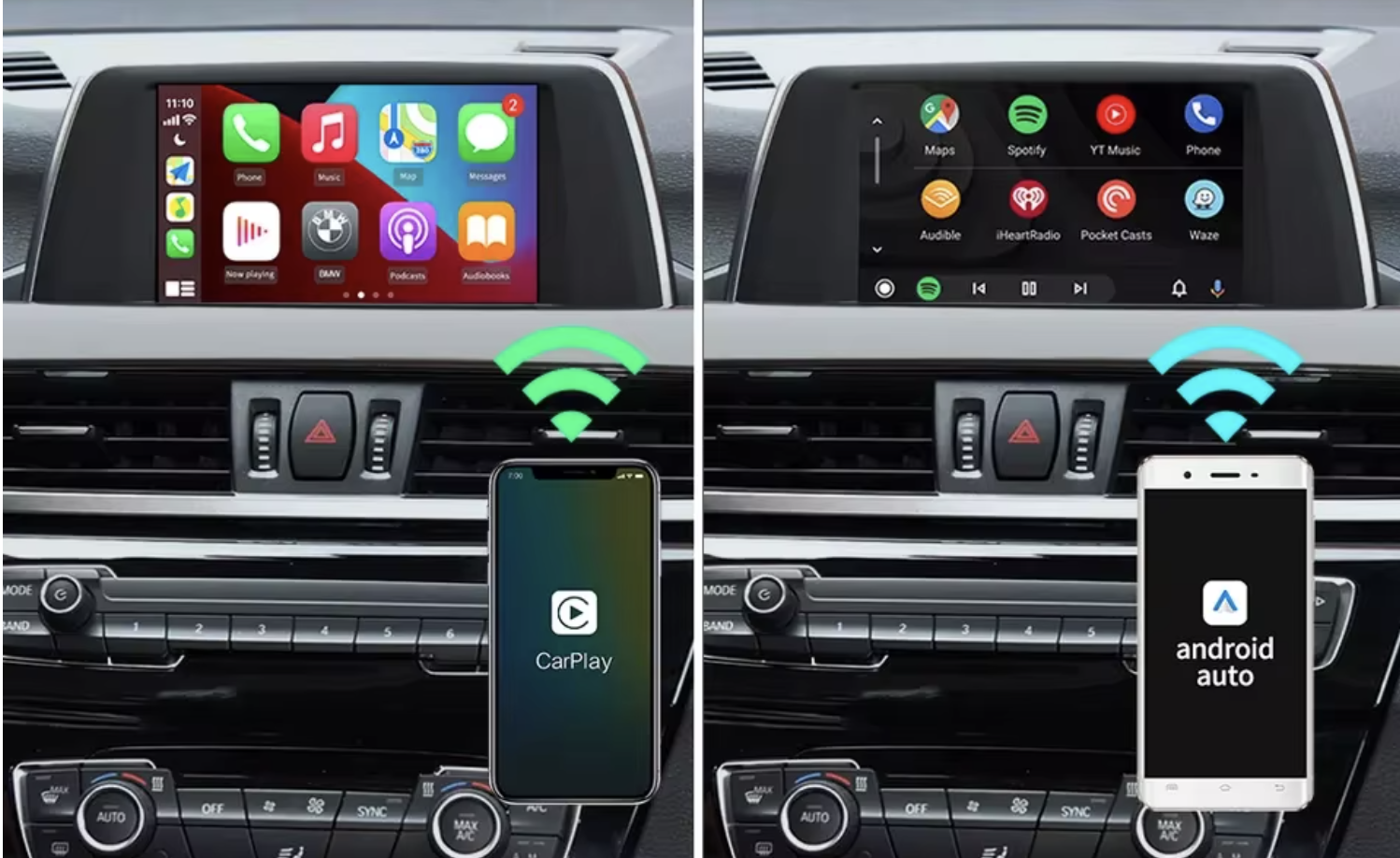 Two car dashboards with screens; each has a smartphone mounted below with Wi-Fi signals, one showing CarPlay and the other Android Auto interfaces.