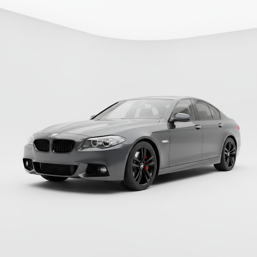 Gray BMW sedan in a white studio backdrop.