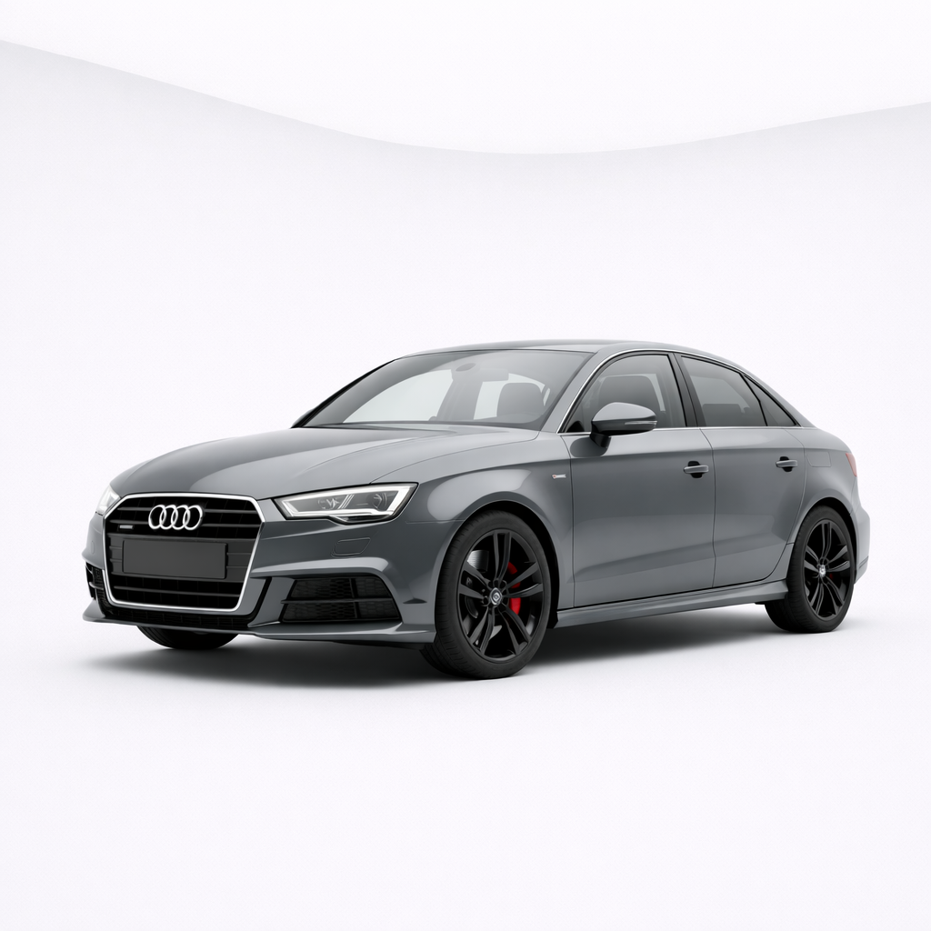 Gray four-door sedan car with black wheels in a white studio setting.