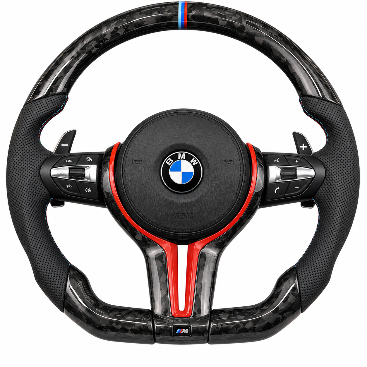 A BMW racing steering wheel with a black grip, red accents, and a carbon fiber finish, featuring several control buttons on each side and the BMW logo in the center.