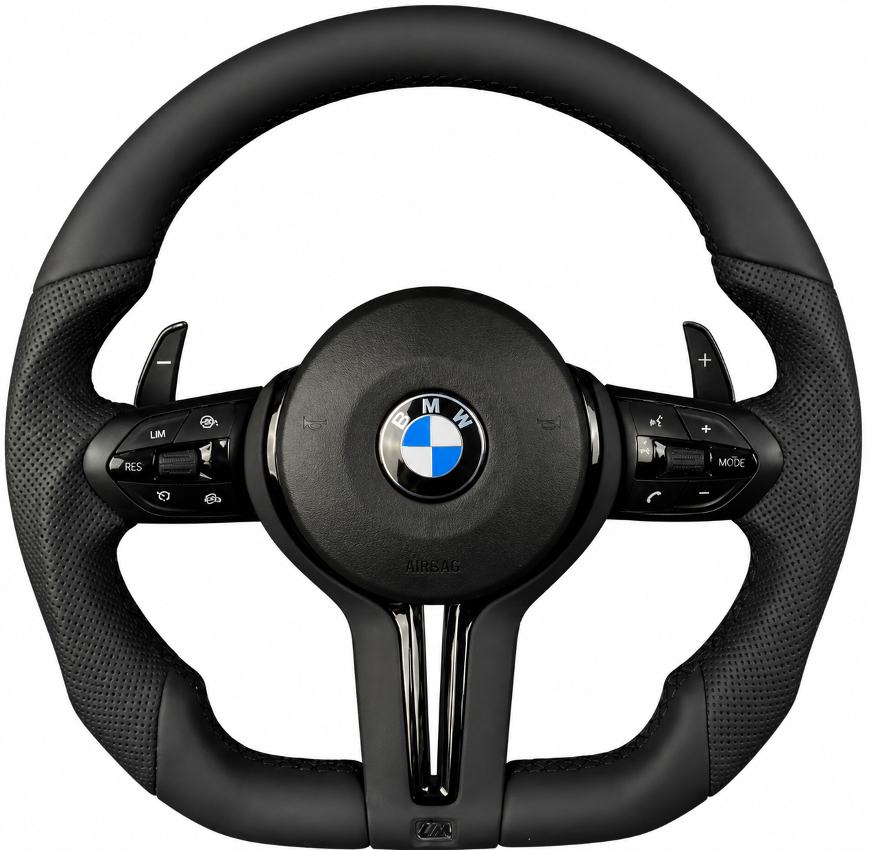 BMW car steering wheel with controls and the BMW logo in the center.