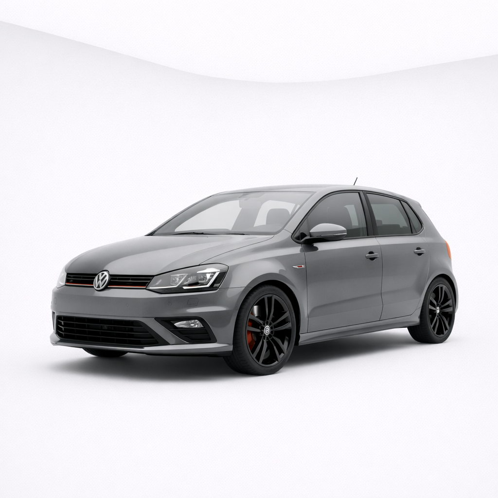 Gray Volkswagen hatchback car with black rims on a white background.