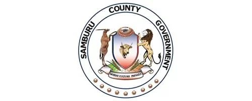 Seal of Samburu County featuring a giraffe, an oryx, and a lion with a shield and the words 'Samburu County Government'.