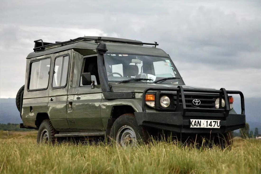 An olive green Toyota Land Cruiser with a custom front bumper and roof rack parked on grassy terrain under a cloudy sky.