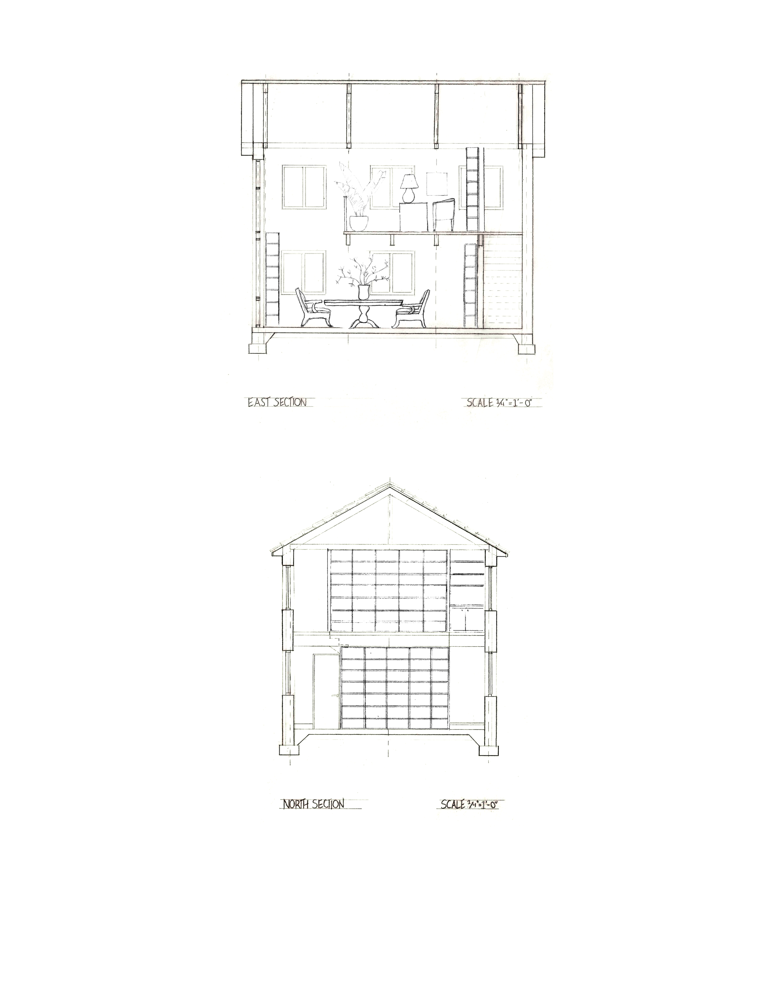 Hand drafting furniture in section for a writer's retreat