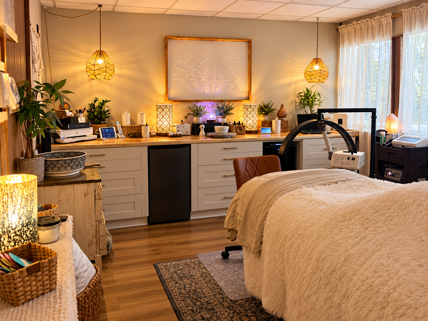 A warm, welcoming treatment space designed for relaxation and personalized skincare.
