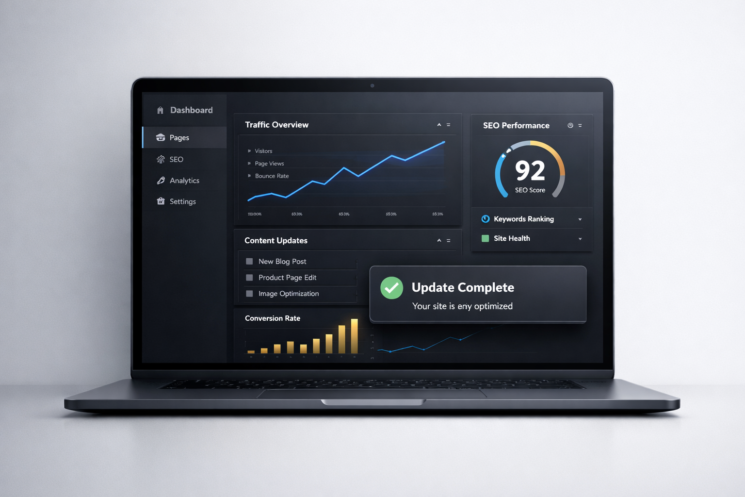 Laptop screen displaying SEO dashboard with traffic overview, SEO performance score of 92, content updates, and a notification for completed site optimization.