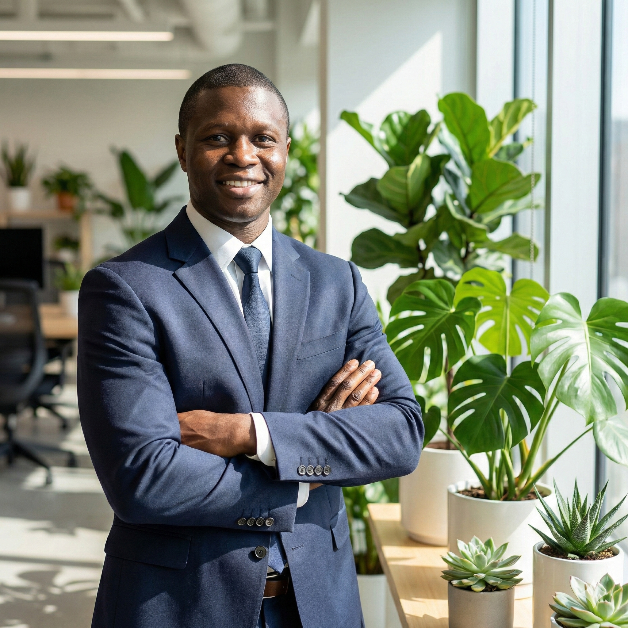 A smiling man in a navy suit with arms crossed standing in an office with large windows and green plants.