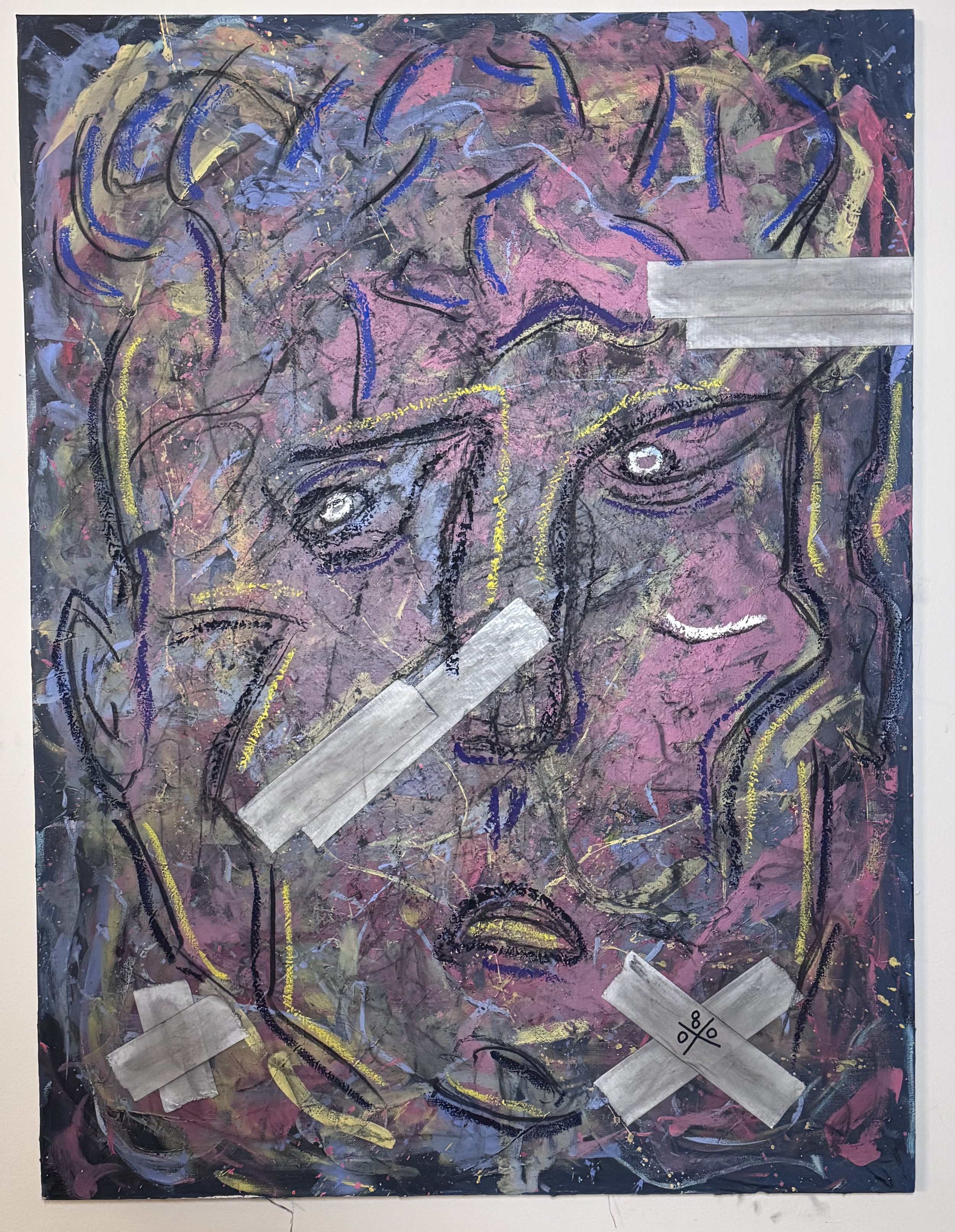 off/center #3
acrylic, charcoal, oil pastel & tape 
canvas 36x48 inches