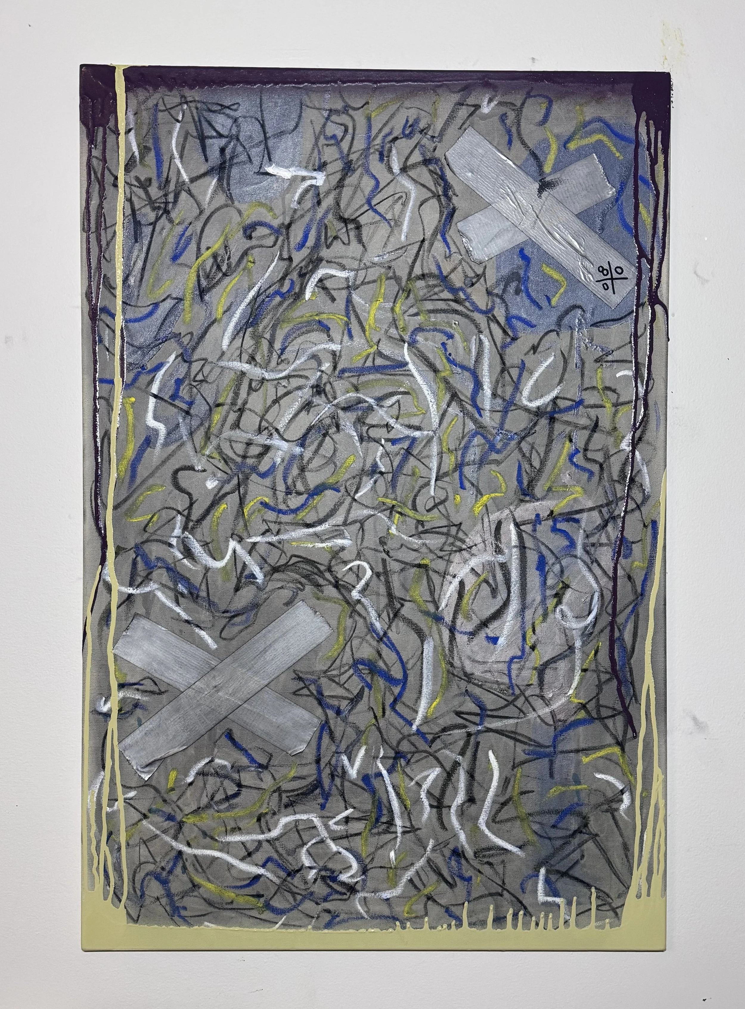 off/center #2
acrylic, graphite, charcoal, oil pastel, tape & spray paint
canvas 24x36 inches