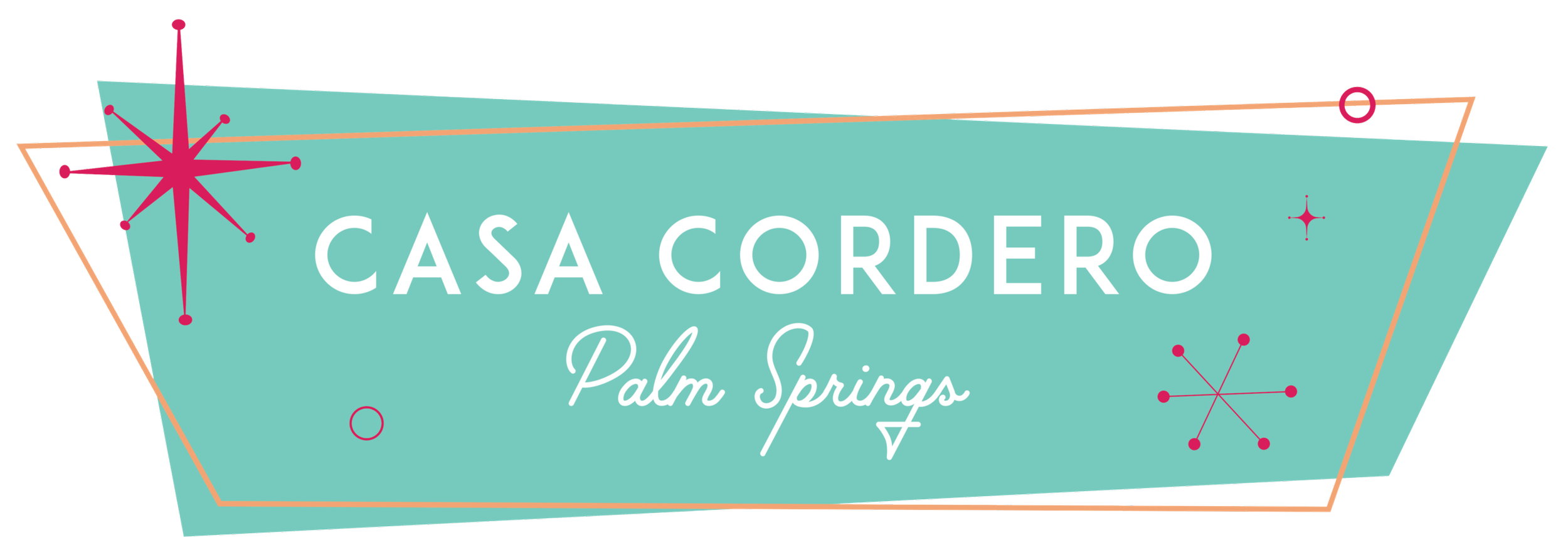Retro-style Casa Cordero Palm Springs text with teal, pink, and geometric design elements