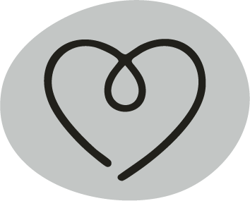 A black outline of a heart drawing with a small loop inside, on a light gray circular background.