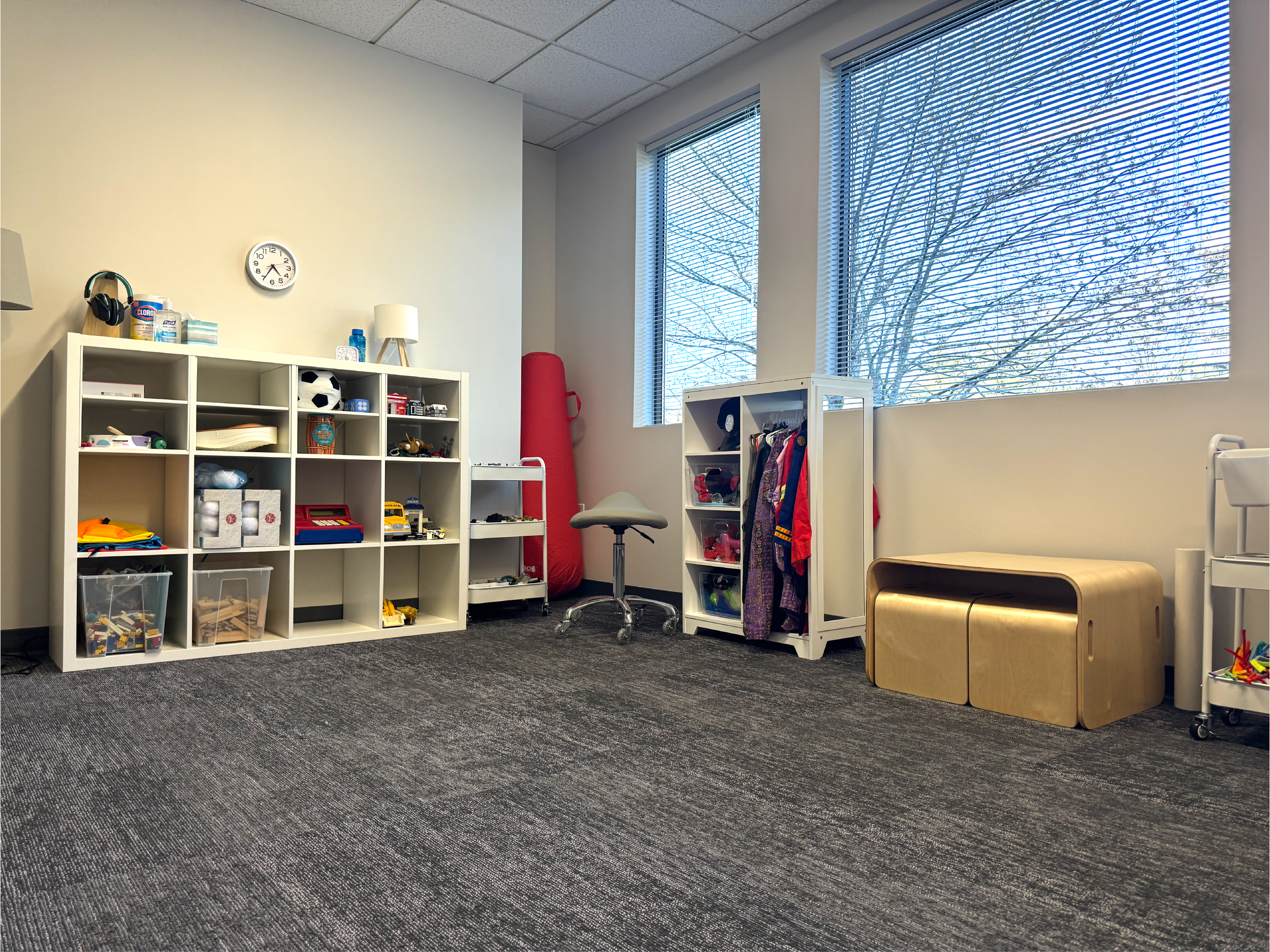 A room with two large windows showing tree branches outside. Inside, there are white shelving units with toys, books, and storage bins. A red punching bag and a small stool are also present in the room.
