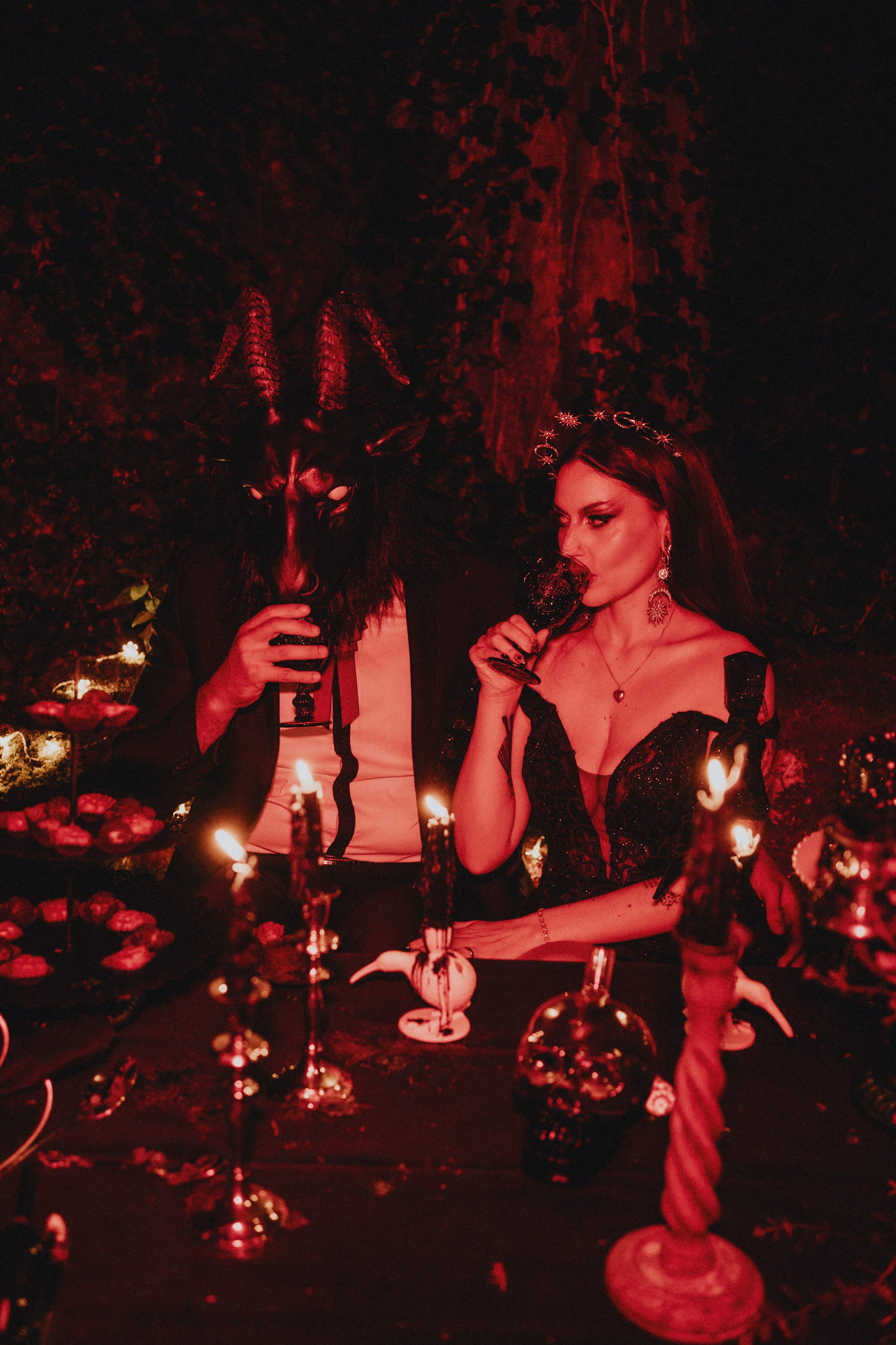 Cinematic red light portrait during alternative elopement in Portugal