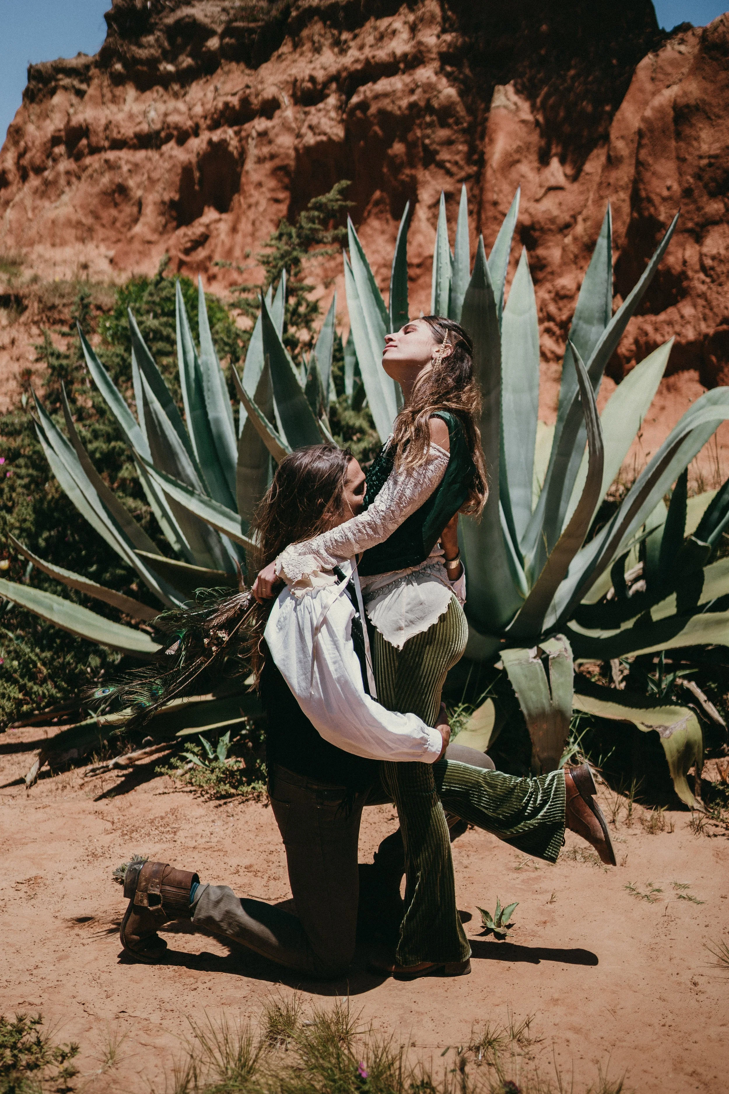 Adventure elopement portrait with wild desert plants in Ericeira