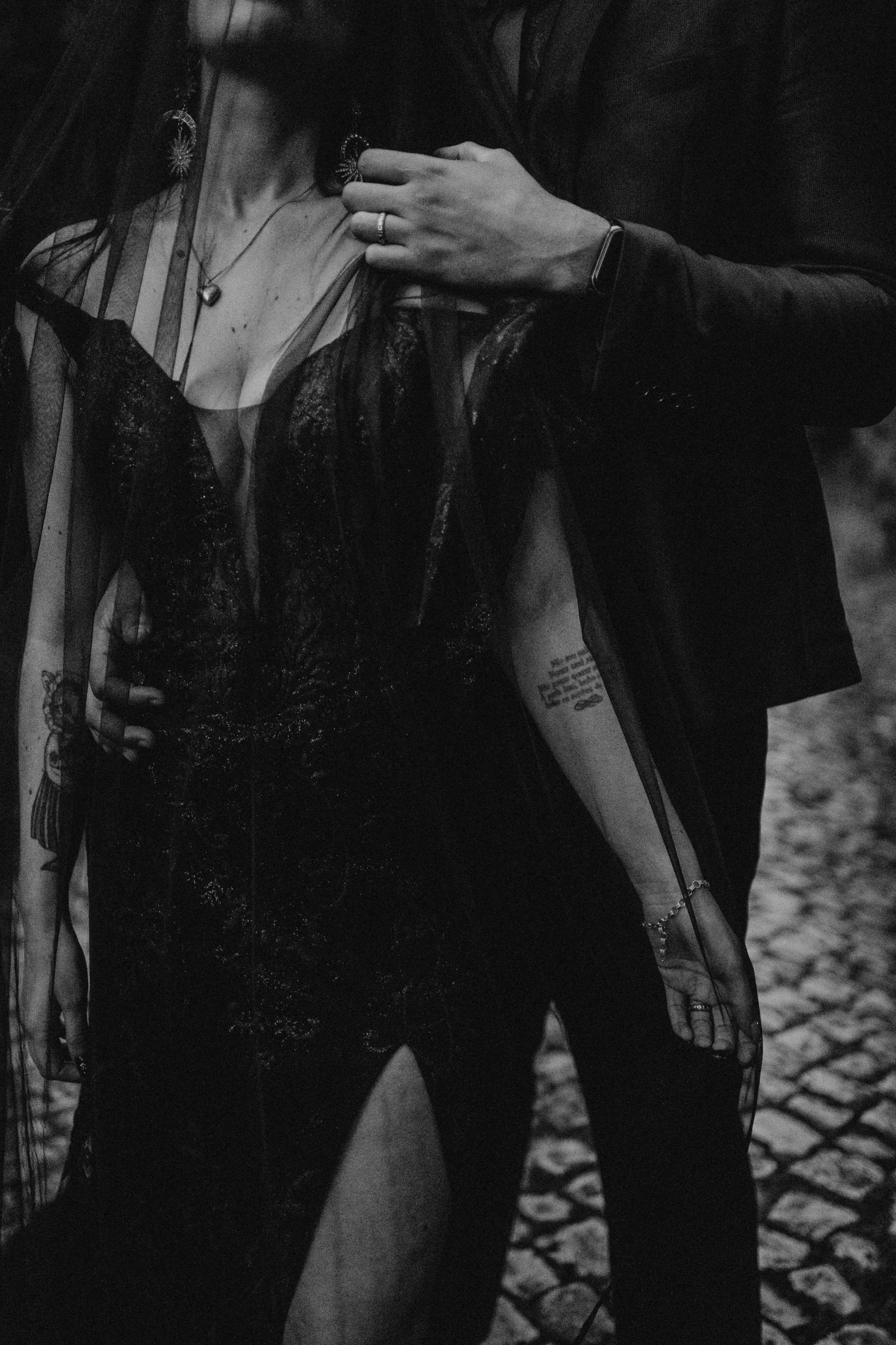 Detail of bride’s dress during luxury elopement in Portugal