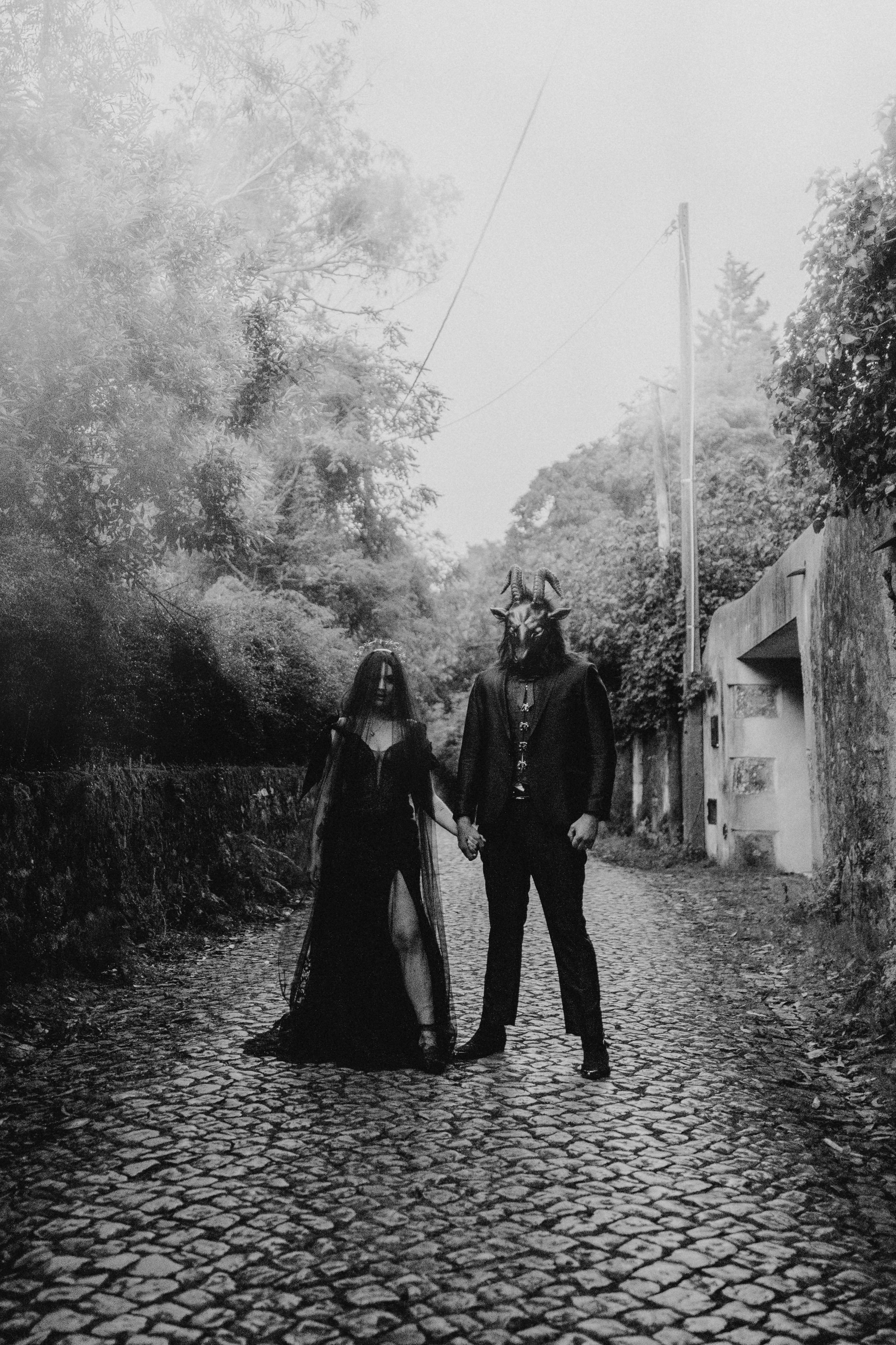 Black and white editorial portrait of couple during intimate Portugal elopement