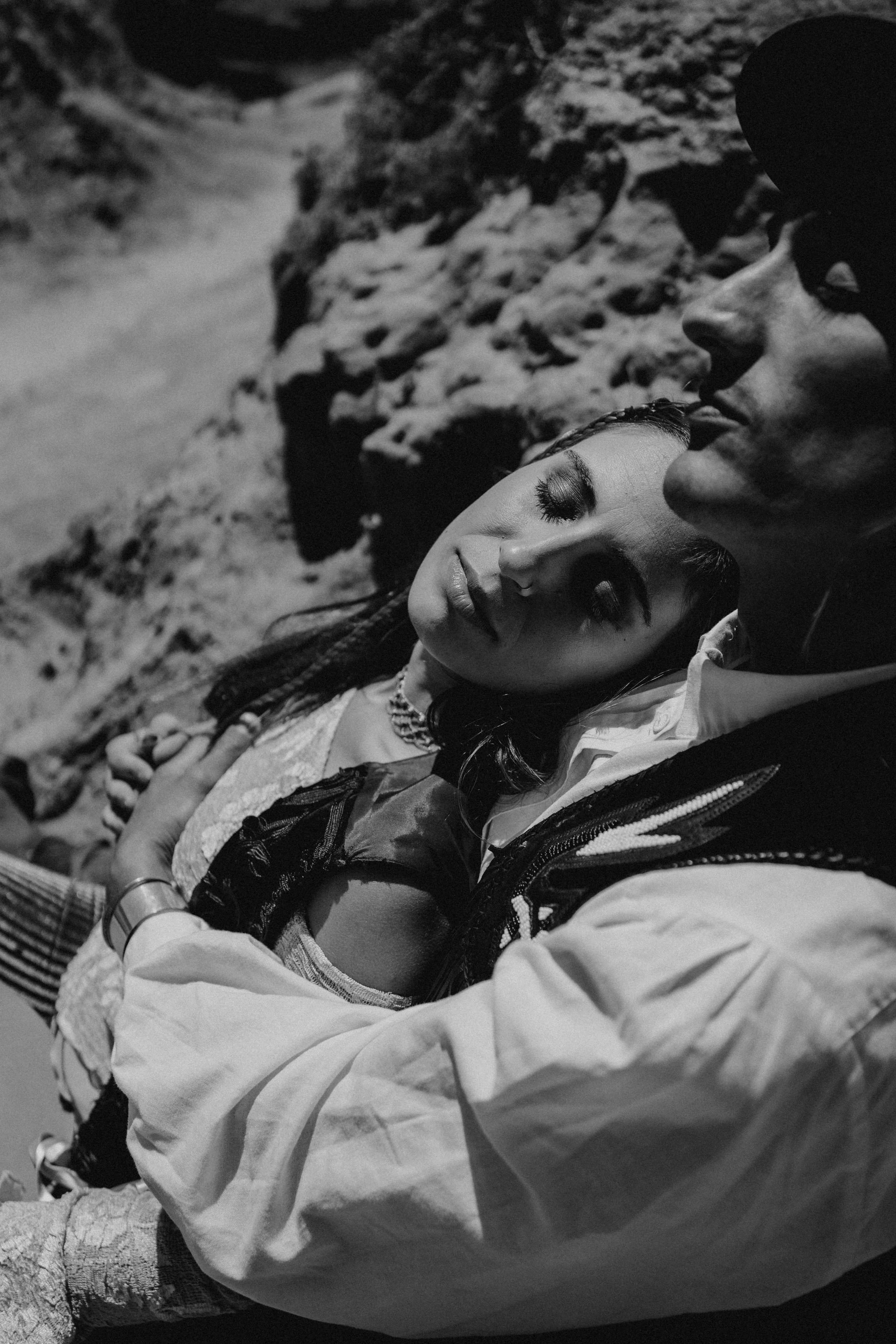 Black and white portrait of bride and groom during an elopement in Ericeira