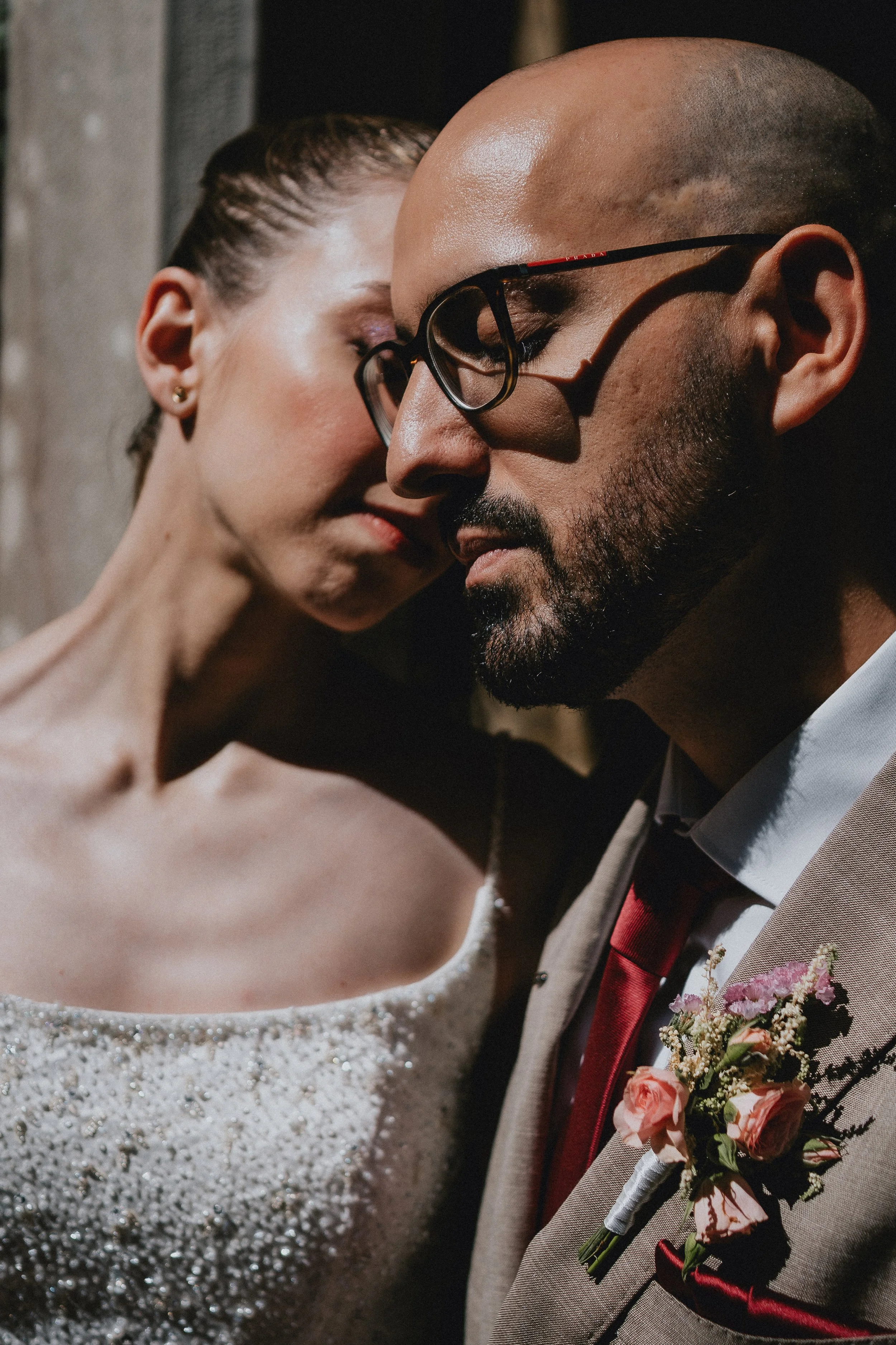 Intimate close-up of couple during destination elopement in Portugal