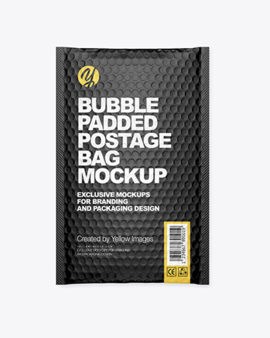 Mockup of a black bubble padded postage bag with white text, a yellow logo, barcode, and certification symbols.