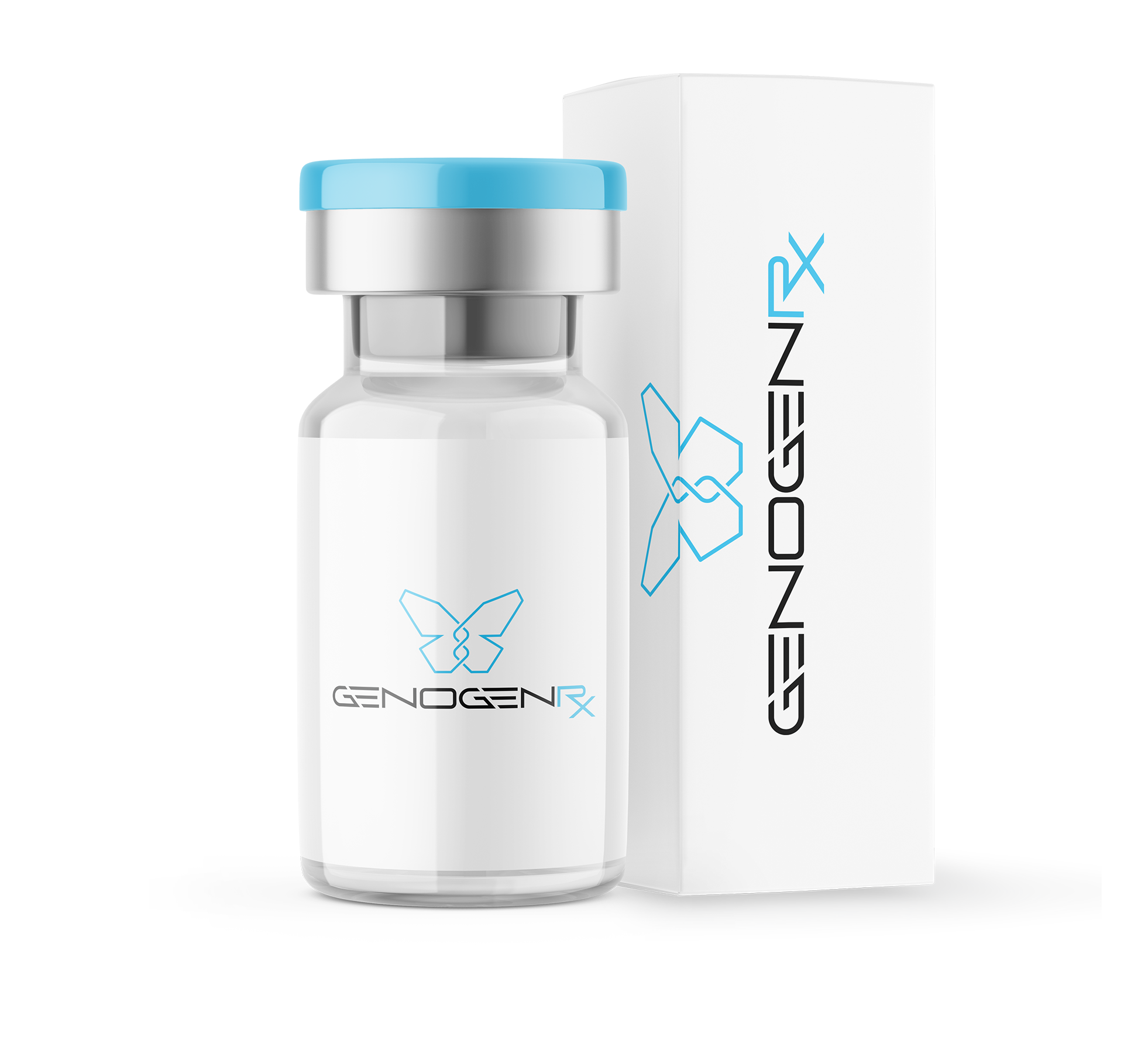 A white bottle with a light blue cap and a minimalistic butterfly logo, next to a white box with the same butterfly logo and stylized text "GENOGEN RX".