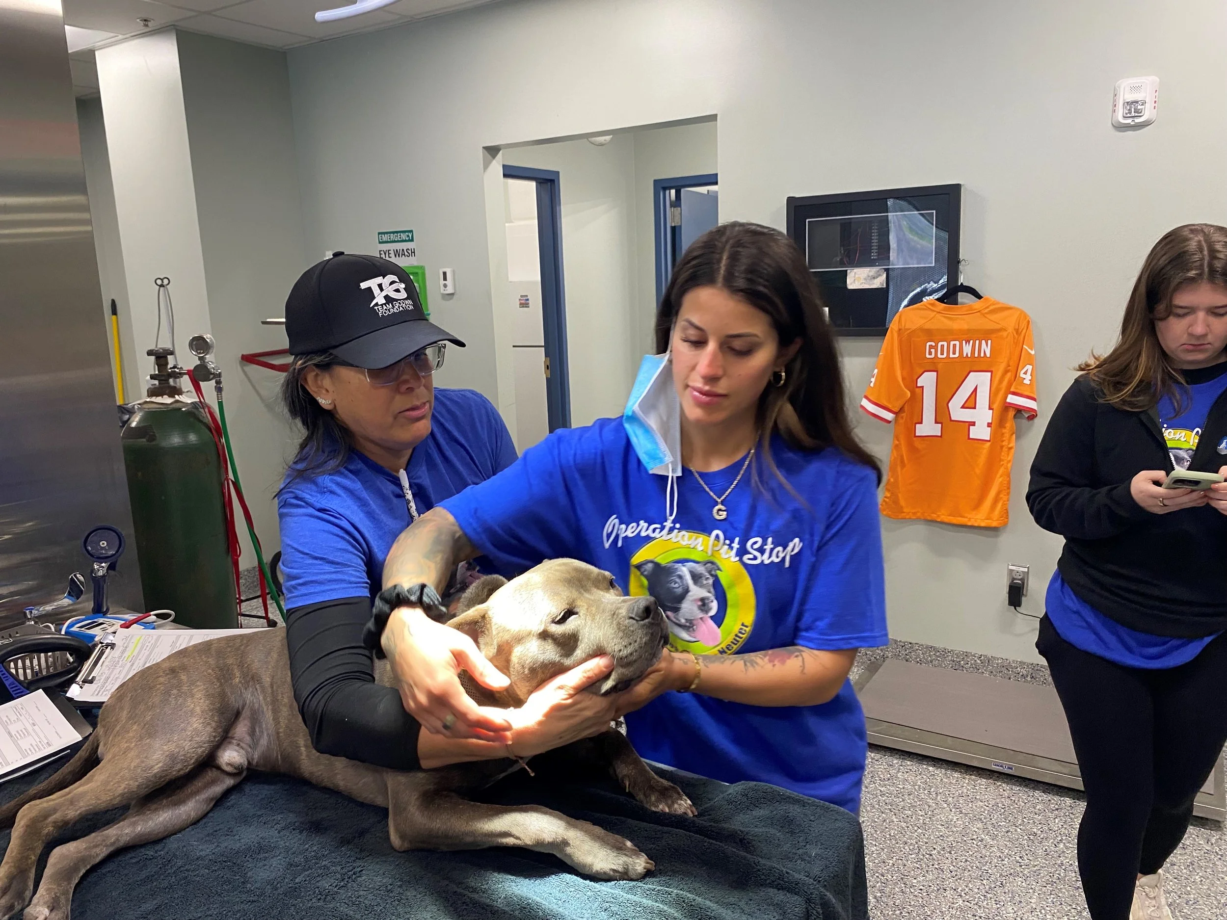 A veterinarian and a woman hold a dog on an exam table, with a person in the background looking at their phone in a veterinary clinic.
