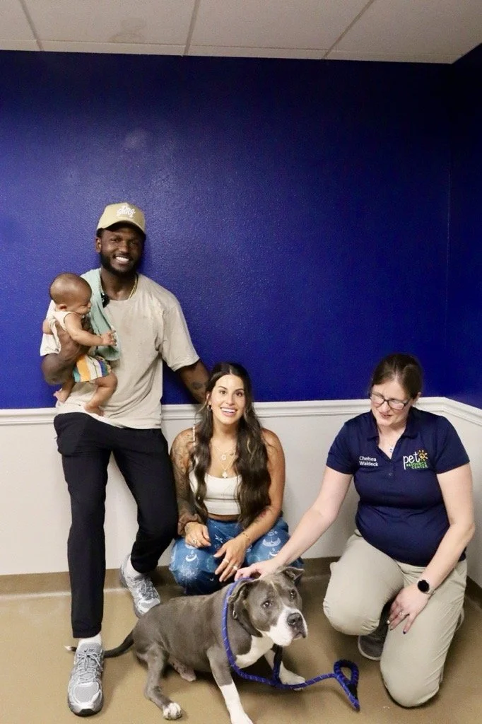 A group of three people and a dog in an indoor space, with blue and white walls. One person is holding a small child, another is sitting on the floor with a dog, and a third person is kneeling next to the dog. The dog is a gray pit bull with a blue l