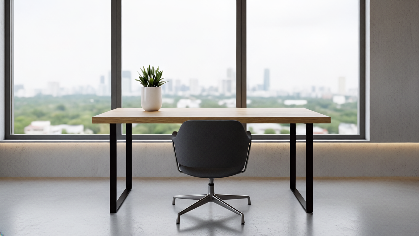 Desk with a potted plant, chair, and large windows showing a cityscape background
