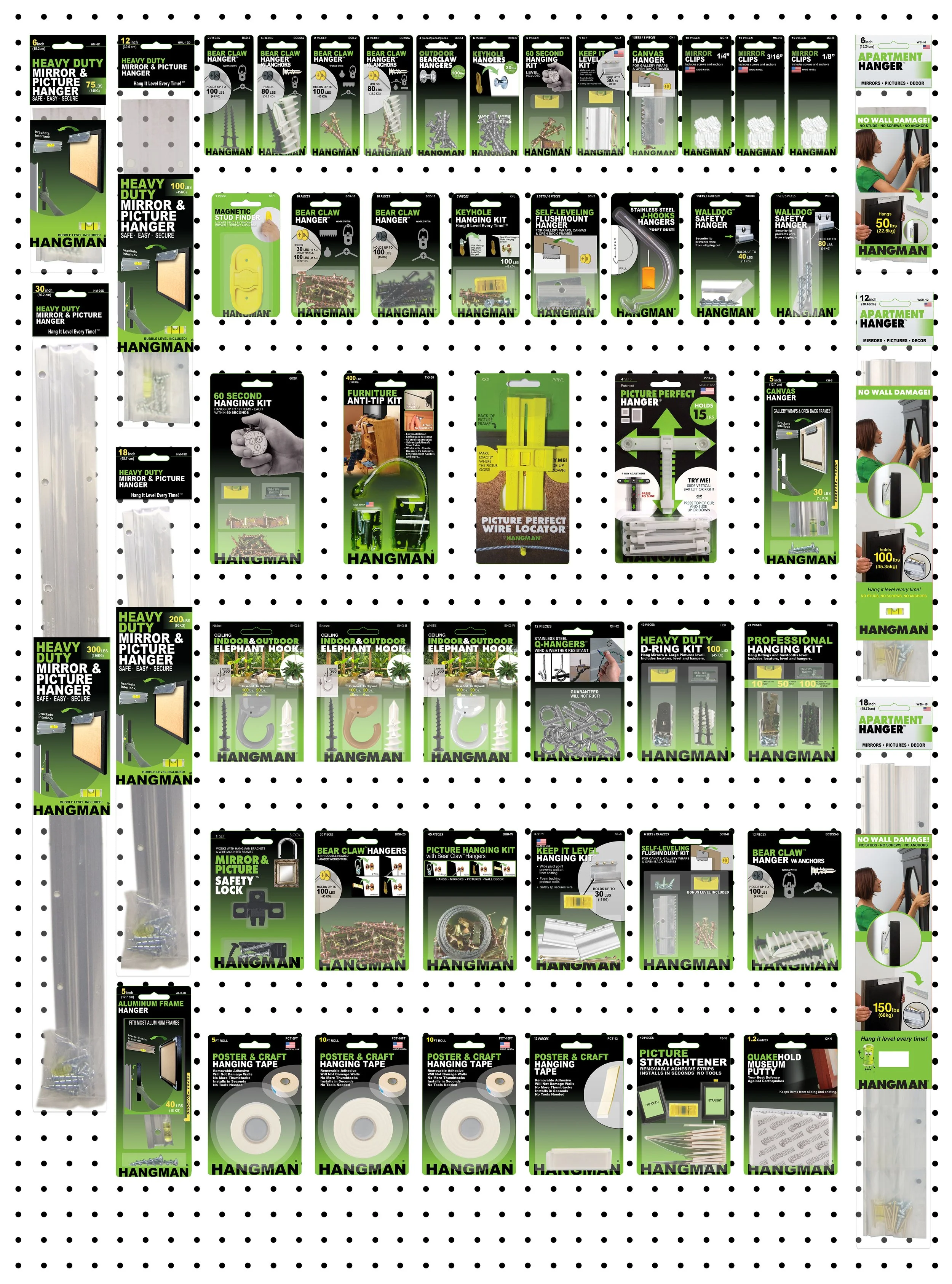 A display of various hanging and mounting supplies, including mirrors, picture hangers, hooks, and related accessories, with packaging and product information visible.