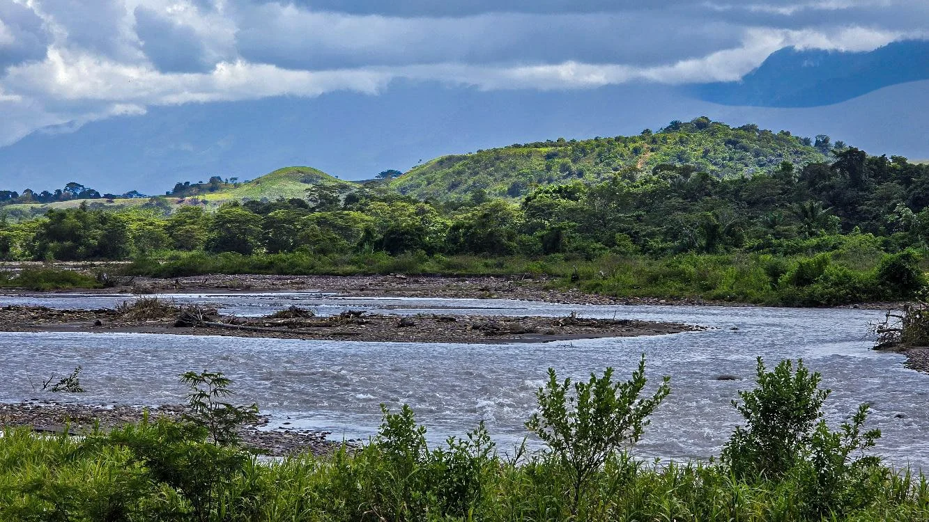 A river flows through a green landscape with hills in the background and mountains in the distance under a cloudy sky.