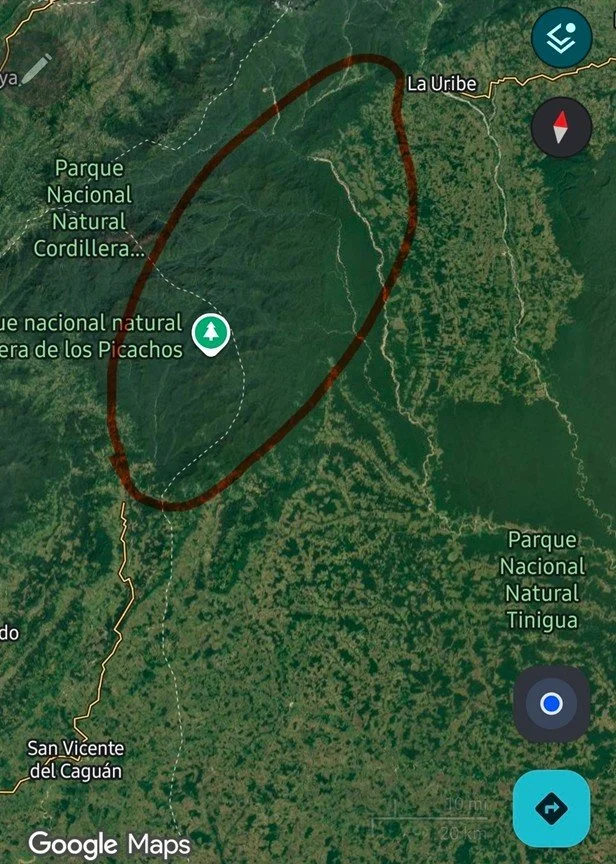 Map showing La Uribe and surrounding national parks in Colombia, including Parque Nacional Natural de los Picachos and Parque Nacional Natural Tinigua, with marked boundaries.